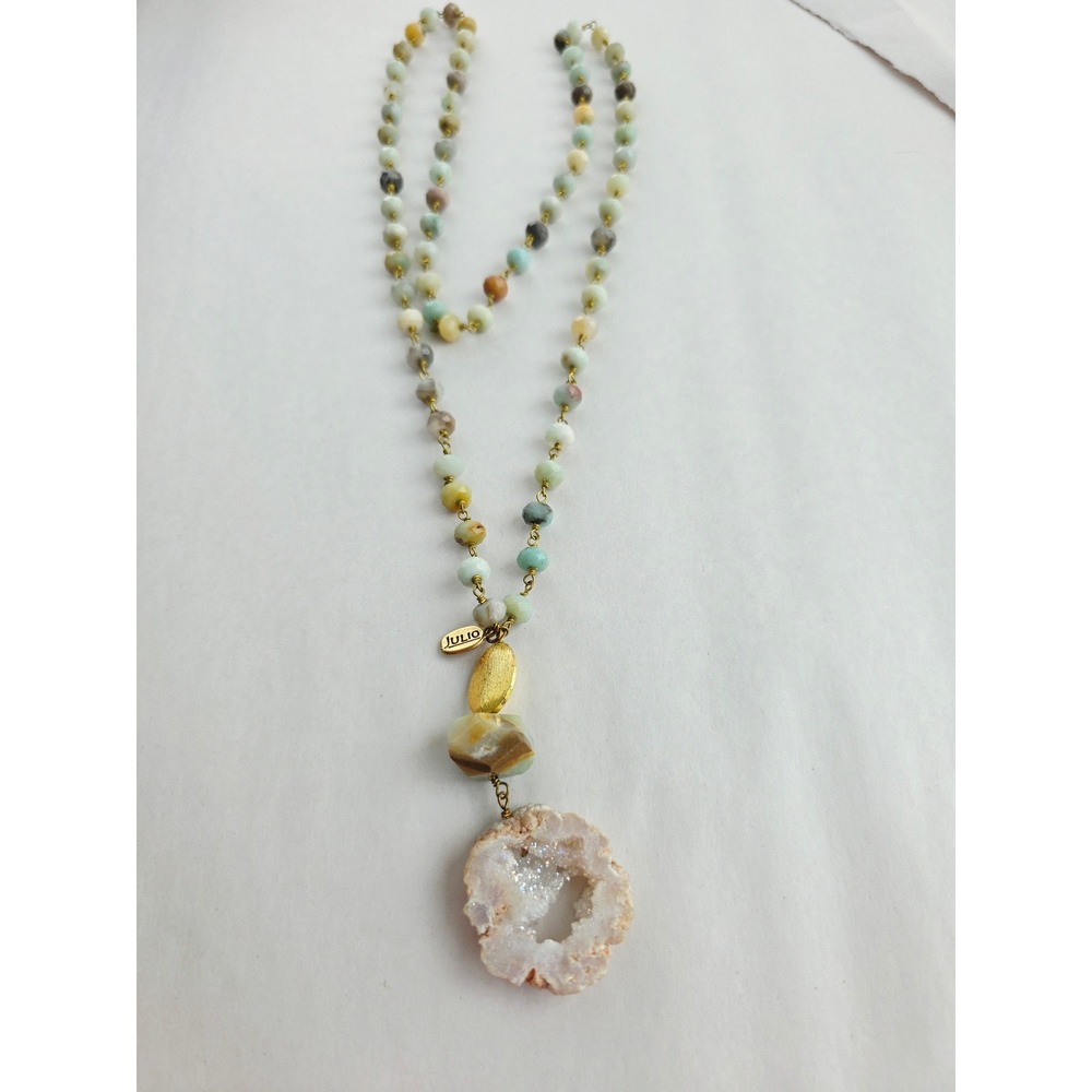 Julio Designs Amazonite Beaded Necklace Geode Druzy Gold gemstone Boho Long